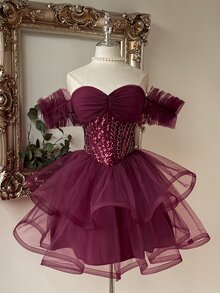 Lovelzi Elegant Glamorous Fashion Deep Red Sequin Embroidered Patchwork Mesh Sweetheart Neckline Off-Shoulder Puff Sleeve Full Skirt Short Dress Suitable For Wedding Guest, Prom - Burgundy - View 7