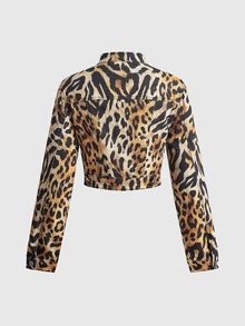 ROMWE Street Life Street Leopard Print Gradient Tie-Dye Slightly Elastic Printed Women's Denim Jacket And Coat - Brown - View 2