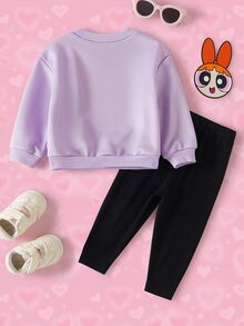 THE POWERPUFF GIRLS X SHEIN Baby Girl Cartoon Print Long Sleeve Sweatshirt And Pants Set - Purple - View 2
