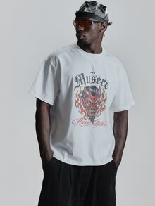Oversized Drop Shoulder Halloween Graphic Tshirt "MUSERO STUDIOS "Crew Neck Autum Winter Essentials - White - View 2