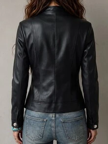 Omancia Women's Autumn/Winter New Double-Breasted Button Design PU Leather Jacket - Brown - View 2