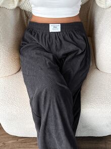 SHEIN EZwear 深灰色大尺碼女款秋冬校園日常室內工作穿搭卡其色燈芯絨布料附口袋與拼接設計高腰寬鬆寬腿褲 - 深灰色 - 查看 3