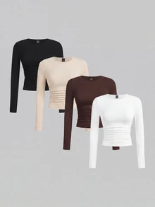 SHEIN EZwear 多色針織女款修身T恤 - 彩色 - 查看 1