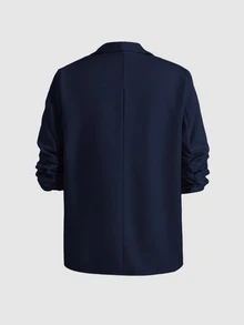 SHEIN 青少年女孩優雅休閒藍白條紋亞麻西裝外套，大翻領、百褶設計、3/4袖，適合春夏/秋冬日常穿著 - 藏蓝色 - 查看 3