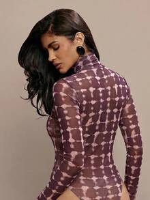 Hauture Women's Sexy Elegant Leopard Print Mock Neck Long Sleeve Bodysuit - Multicolor - View 5
