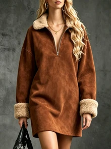 LUMIGAL Women's Autumn/Winter New Casual Fur Collar A-Line Dress - Camel - View 3