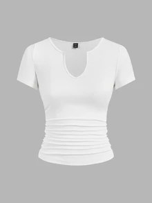 SHEIN EZwear 女款休閒舒適缺口領抓皺短袖T恤 黑色、白色、灰色 3件組 - 黑與白 - 查看 3