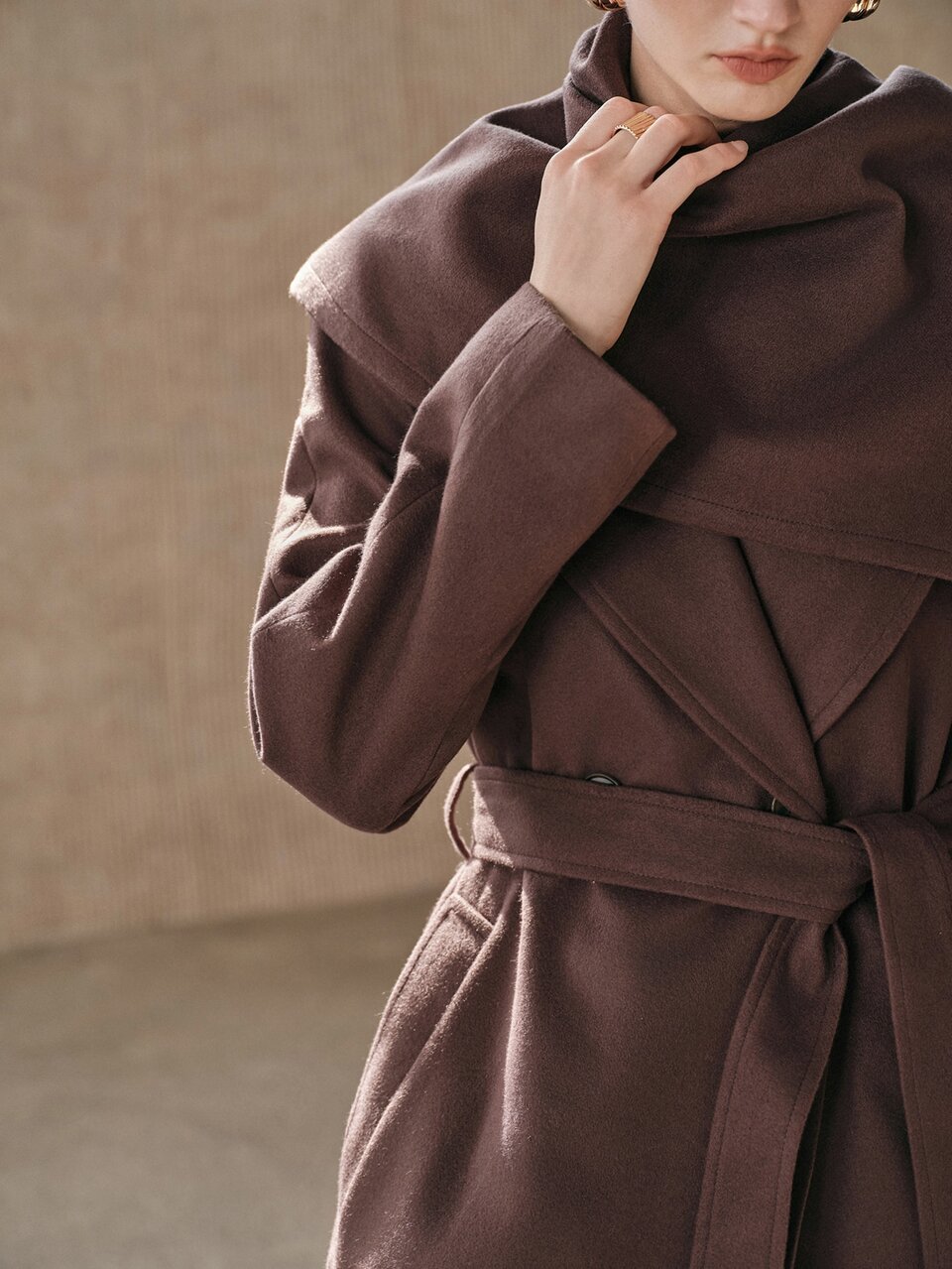 Women's Fall/Winter Elegant Dark Brown Long Shawl Collar Cinched Waist Premium Wool Coat For Business Office