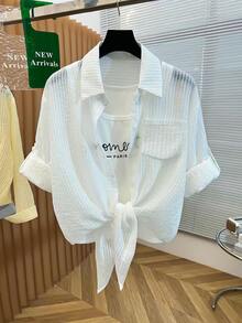 Resyla New Women's Plus Size Casual Loose Slimming Concealing Long Sleeve Collared Shirt - White - View 3