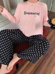 Dazy Plus Korean Style Letter Print Loose Pink Top And Polka Dot Pants 2-Piece Pajama Set, Spring Summer Autumn - Pink - View 1