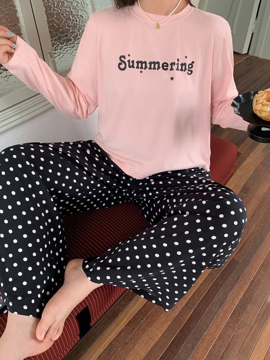 Dazy Plus Korean Style Letter Print Loose Pink Top And Polka Dot Pants 2-Piece Pajama Set, Spring Summer Autumn - Pink - View 1