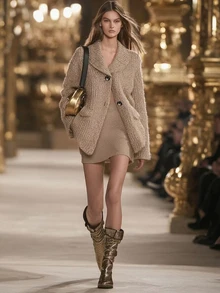 SHEIN Fall Winter Lapel Collar Button Front Knit Cardigan, Casual Loose Outerwear With Pockets - Camel - View 1