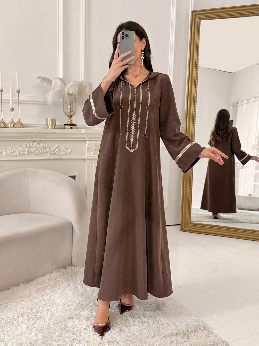 Al Najma Women's Striped Long Sleeve Casual Hooded Arabian Dress - Chocolate Brown - View 1