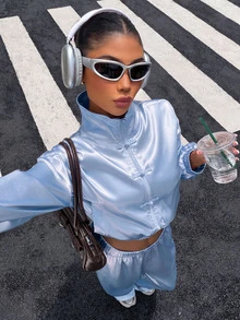 Muchica Women's Casual Streetwear Comfortable Light Blue New Chinese Style Satin Long Sleeve Set, Autumn/Winter Everyday Going Out Day Time - Baby Blue - View 3