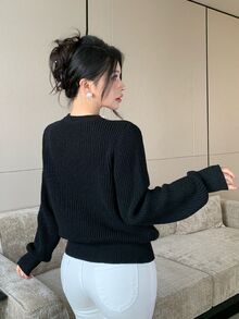 Modelyn Women's Faux Pearl Decorated Long Sleeve Single-Breasted Casual Knit Cardigan - Black - View 2