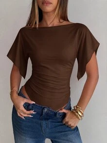 Aloruh Damen Herbst Neu Braun Elegant Sexy Süß Modisch Lässig Täglicher Arbeitsweg Date Abendessen Fledermausärmel Tailliert Slim Fit Bodysuit - Kaffeebraun - Übersicht 5