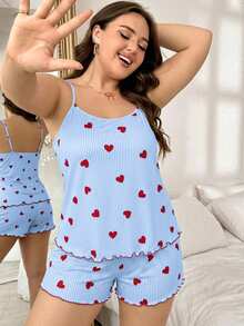 SHEIN Red Heart Striped Print Camisole & Shorts Plus Size Pajama Set - Multicolor - View 5