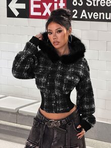 StreetHx Y2K Vintage Plaid Zipper Short Wool Jacket, Frayed Fur Collar Hooded Long Sleeve Ribbed Hem Street Style Short Coat - Multicolor - View 6