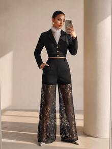 Xyvia Women's Lapel Neck Single-Breasted Jacket And Contrast Lace Pants Elegant Suit Set - Black - View 5