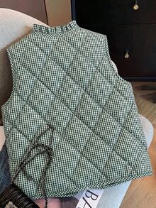 SHEIN Clasi Plaid Button Pocket Cotton Padded Vest Jacket - Dark Green - View 2