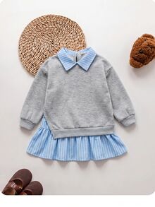 SHEIN 女嬰可愛棕色針織拼接格紋長袖秋冬洋裝 - 淺灰色 - 查看 1