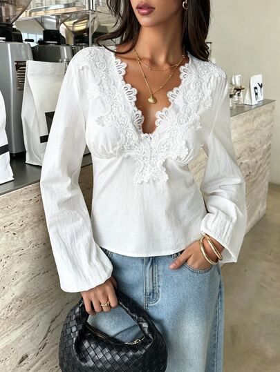 Lucivie Women's Elegant Casual Y2K White Lace V Neck Blouse For Women Puff Long Sleeve Slim Fit Vintage Going Out Streetwear Tops