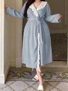 Dazy Plus Autumn/Winter Thick Plush Lace Ruffle Trim Elegant White Long Robe - Baby Blue - View 4