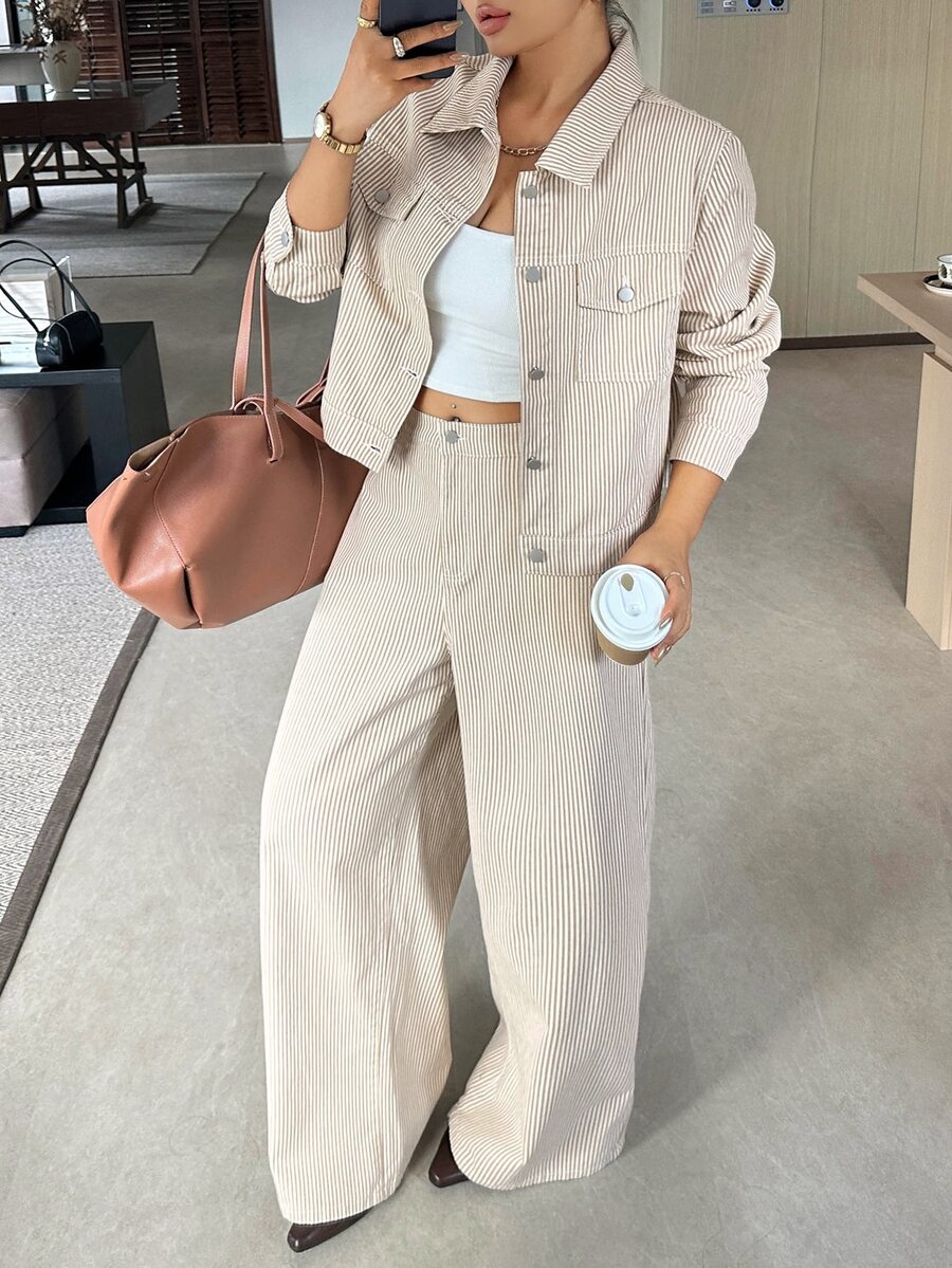 Dazy Plus Spring/Autumn Long Sleeve Striped Cropped Jacket High Waist Loose Casual Commute Street Straight Leg Jeans Set - Beige - View 1