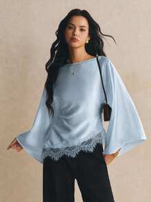 Poéselle Women's French Gentle Lace Patchwork Asymmetrical Hemline Blouse - Dusty Blue - View 6