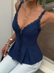Aloruh 女款優雅休閒通勤上衣，蕾絲飾邊拼接純色海軍藍無袖襯衫，適合夏季 - 藏蓝色 - 查看 5