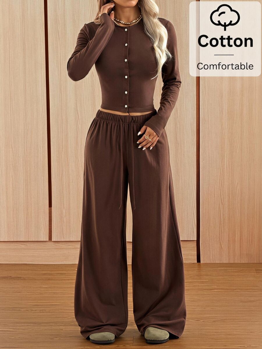 SHEIN EZwear Women's Solid Color Pleated Long Sleeve Top And Pants Casual Daily Set Going Out Dark Brown Winter - Coffee Brown - View 1