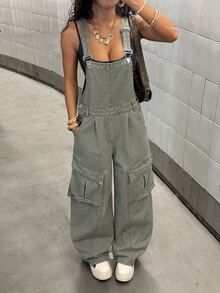 SHEIN Unity Overall Kargo Kaki Lebar Gaya Streetwear Kasual Musim Gugur Denim Abu-abu Muda untuk Pergi Keluar Sehari-hari Bepergian Jumpsuit Nyaman untuk Wanita - Hijau Tentara - View 8
