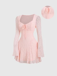 Sweetra Women's Sweet Pink Floral Lace Dress, Drawstring Bust, Puff Sleeves, Fitted Short Mini Dress, Romantic Evening Gown - Pink - View 2