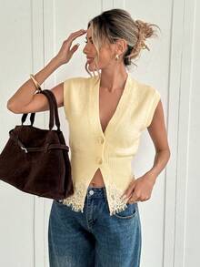 Siren Gaze Women's French Lace Patchwork Button Knit Top - Yellow - View 4