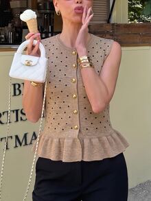 Serisse Women's Polka Dot Single-Breasted Ruffle Hem Knit Vest - Camel - View 9