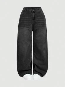 SHEIN PETITE CURVE 女款大尺碼灰色丹寧寬鬆直筒長褲 休閒牛仔褲 度假風 海灘 秋季 隨性 厭世感 可愛風 - 黑色 - 查看 3