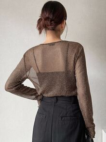 FRIFUL 女款網紗小高領透視層搭 T-shirt 上衣，秋季 - 棕色 - 查看 2