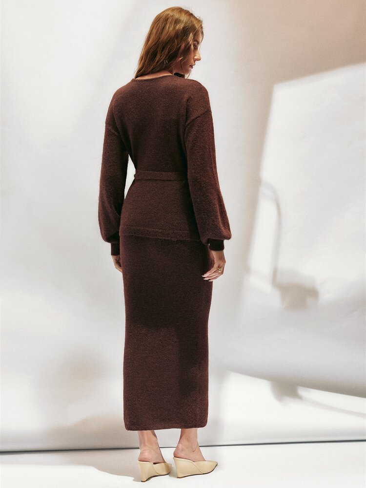 SHEIN 女款純色針織長袖上衣附腰部繫帶與裙子兩件套 - 棕色 - 查看 3