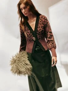 SHEIN Women's Leopard Print Metal Single Button Long Sleeve Knit Cardigan - Multicolor - View 5