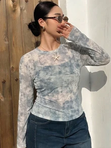 Livesso Tie-Dye Mesh Layered Korean Style T-Shirt - Dusty Blue - View 1