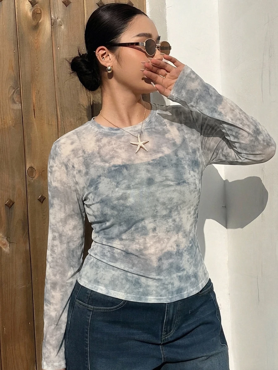 Livesso Tie-Dye Mesh Layered Korean Style T-Shirt - Dusty Blue - View 1