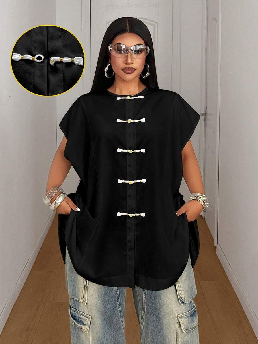 Maweii Camisa suelta de mujer talla grande estilo chino vintage negro ...
