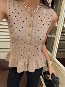 Serisse Women's Polka Dot Single-Breasted Ruffle Hem Knit Vest - Camel - View 5