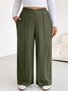 SHEIN Essnce Plus Size Women's Solid Color Casual Baggy Elegant Versatile Everyday Long Pants Fall Formal Vacation Olive Green Home Birthday - Army Green - View 3