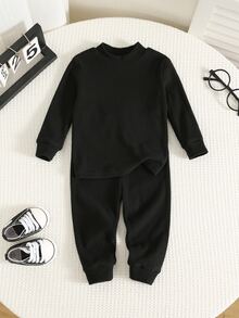 SHEIN 男女嬰兒/幼兒 2件組秋冬加厚抓絨內裡貼身睡衣套裝，嬰兒睡衣，貼身款，聖誕，嬰兒冬季睡衣 - 黑色 - 查看 1