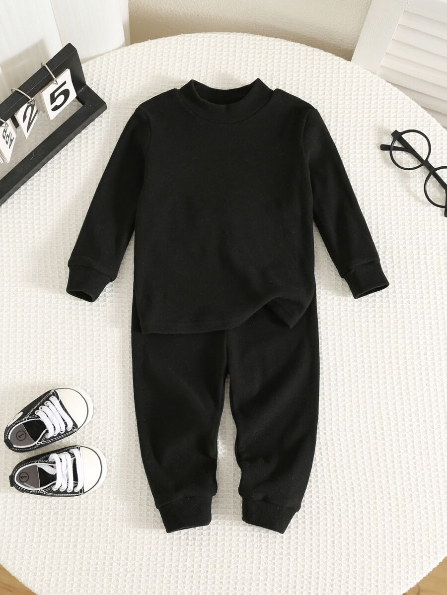 SHEIN 男女嬰兒/幼兒 2件組秋冬加厚抓絨內裡貼身睡衣套裝,嬰兒睡衣,貼身款,聖誕,嬰兒冬季睡衣 - 黑色 - 查看 1
