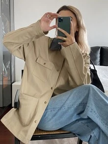 DAZY 拼接撞色寬鬆工裝夾克女款，休閒街頭韓風，秋季度假日常穿搭，卡其色，標準版 - 棕色 - 查看 6