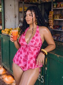 Swim Vcay Plus Size Women's Floral Print Front Tie Halter Tankini Set For Beach Vacation Vacation Pink Summer Elegant Modern - Multicolor - View 1