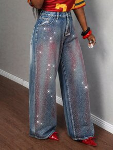 Slaydiva Plus Size Street Style Button Pocket Rhinestone Denim Jeans Teacher Outfits For Women - Medium Wash - View 3