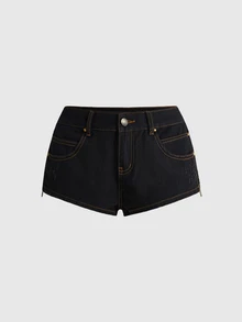 ROMWE Street Life Summer Street Punk Camouflage Contrast Color Slogan Embroidered Mini Denim Shorts - Black - View 2